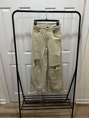 BDG Beige Distressed Wide-Leg Jeans